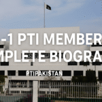 National Assembly of Pakistan with title "PTI Member from NA-1 Complete Biography" and PTIPAKISTAN branding