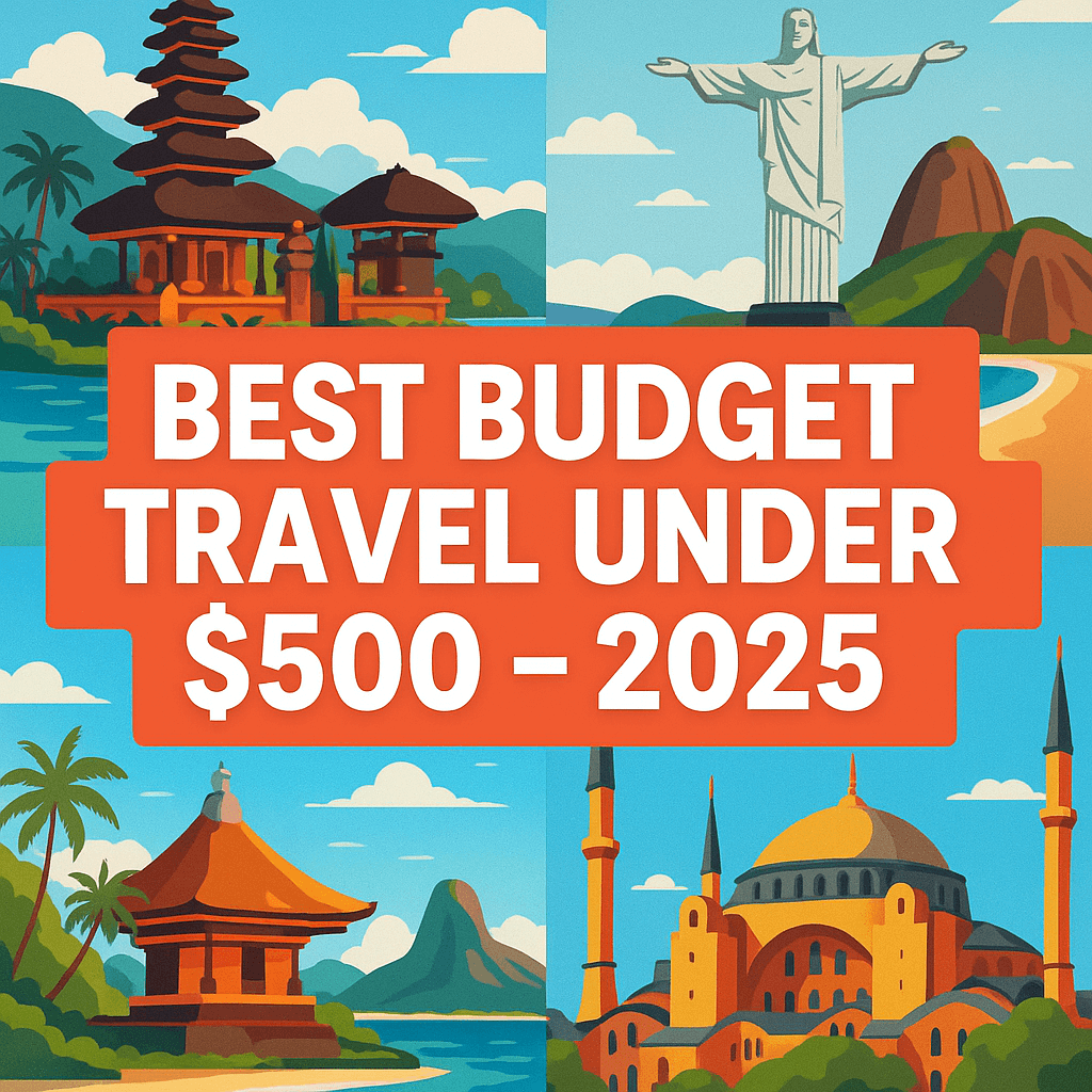 Digital illustration showing budget-friendly global destinations under $500 for 2025