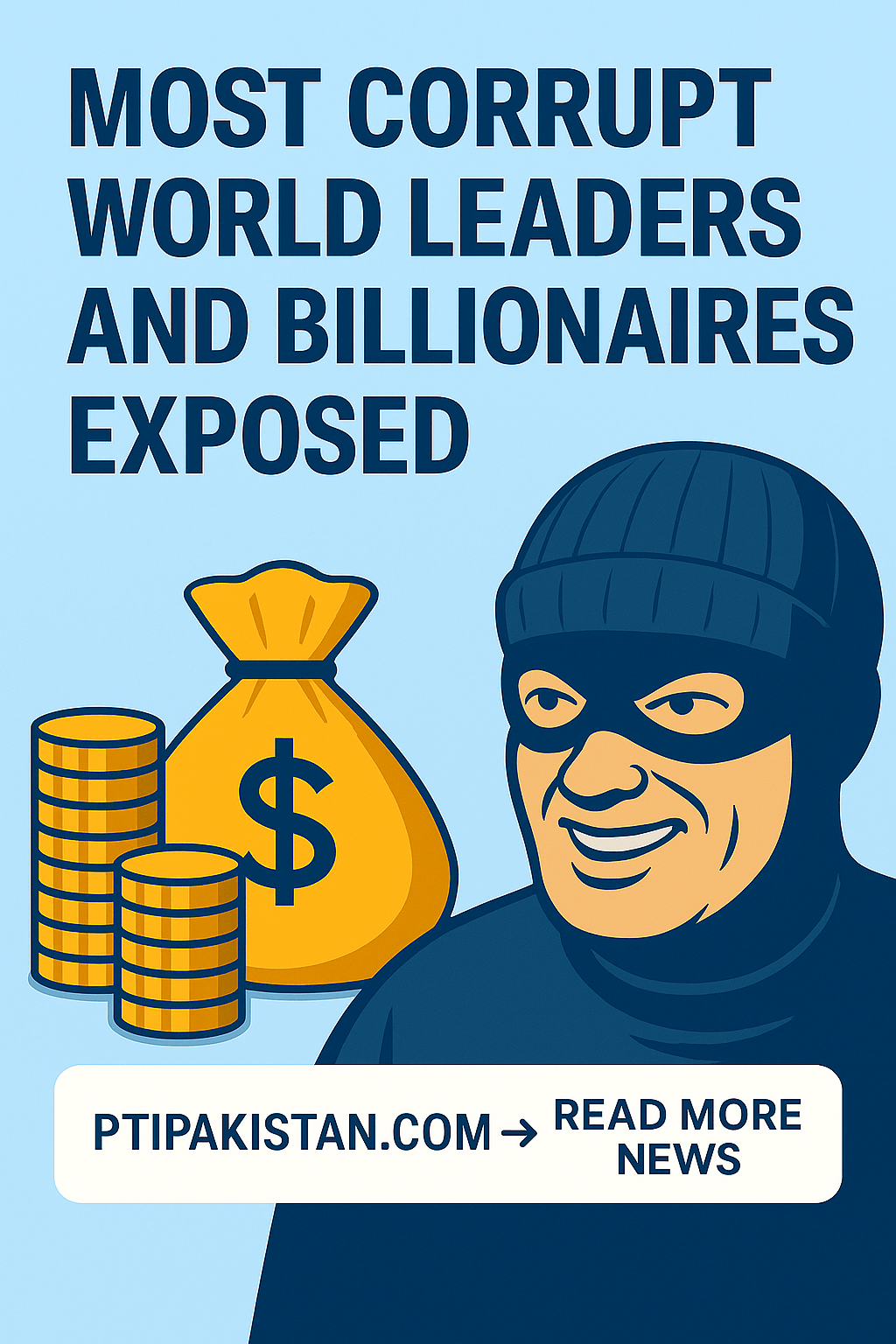 Illustration showing most corrupt world leaders and billionaires, with wealth symbols and a thief silhouette — featured image for ptipakistan.com