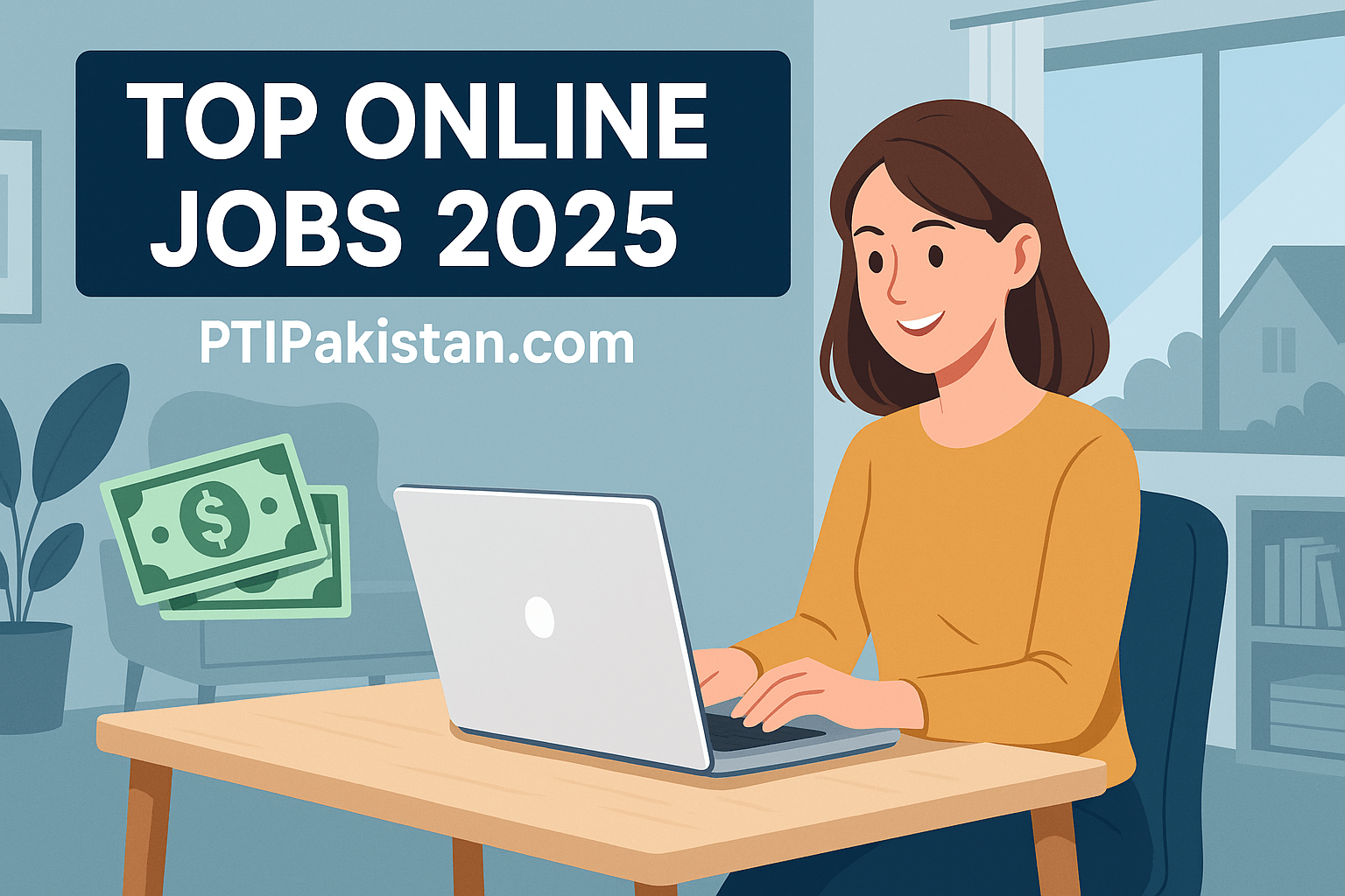 Freelancer girl working from home on a laptop with money icons, representing top online jobs in 2025.