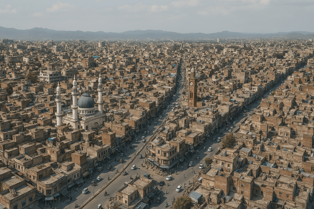 Aerial view of Rawalpindi city with iconic mosque and clock tower – NA-51 PTI Candidate Maj. Latasab Satti region