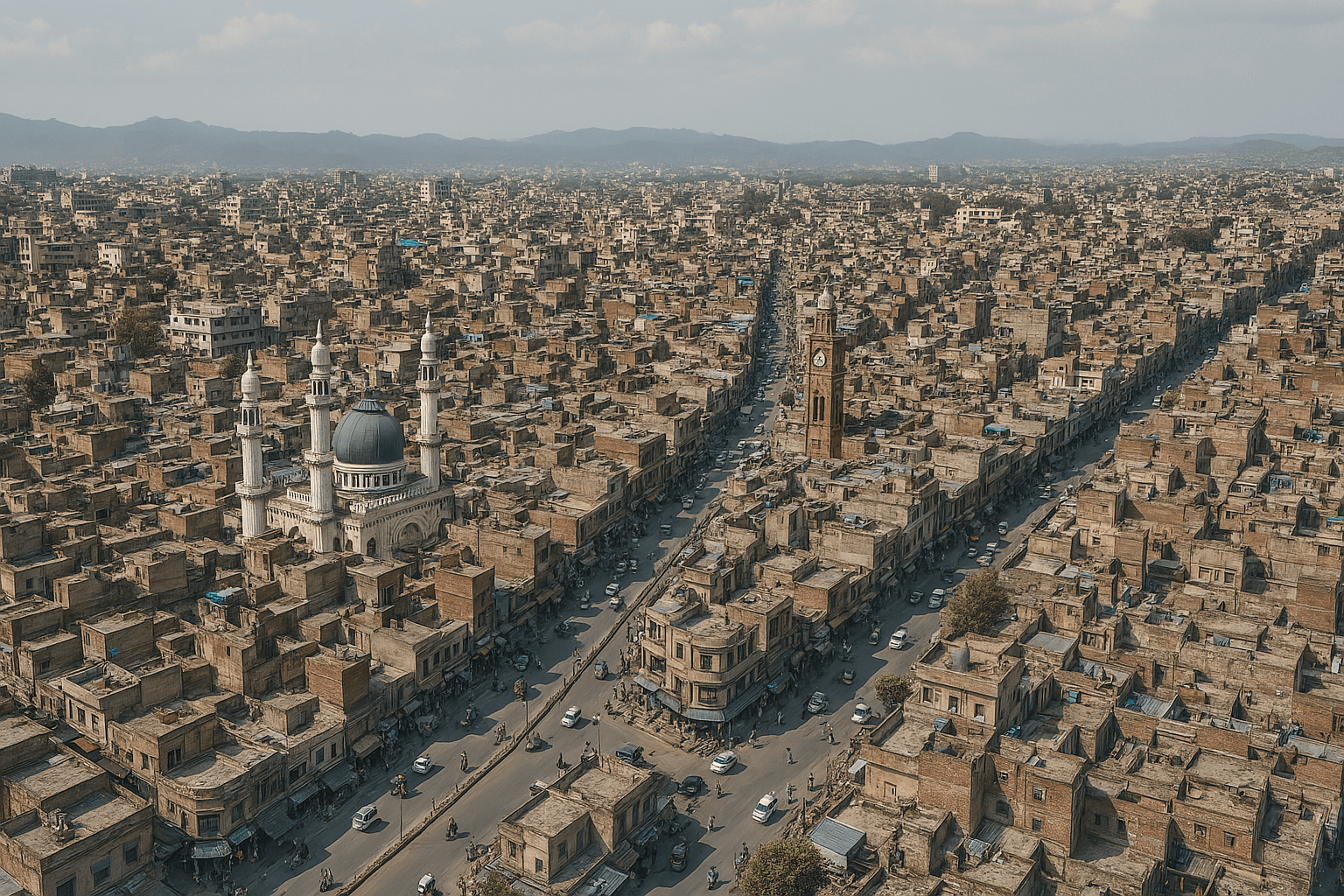 Aerial view of Rawalpindi city with iconic mosque and clock tower – NA-51 PTI Candidate Maj. Latasab Satti region