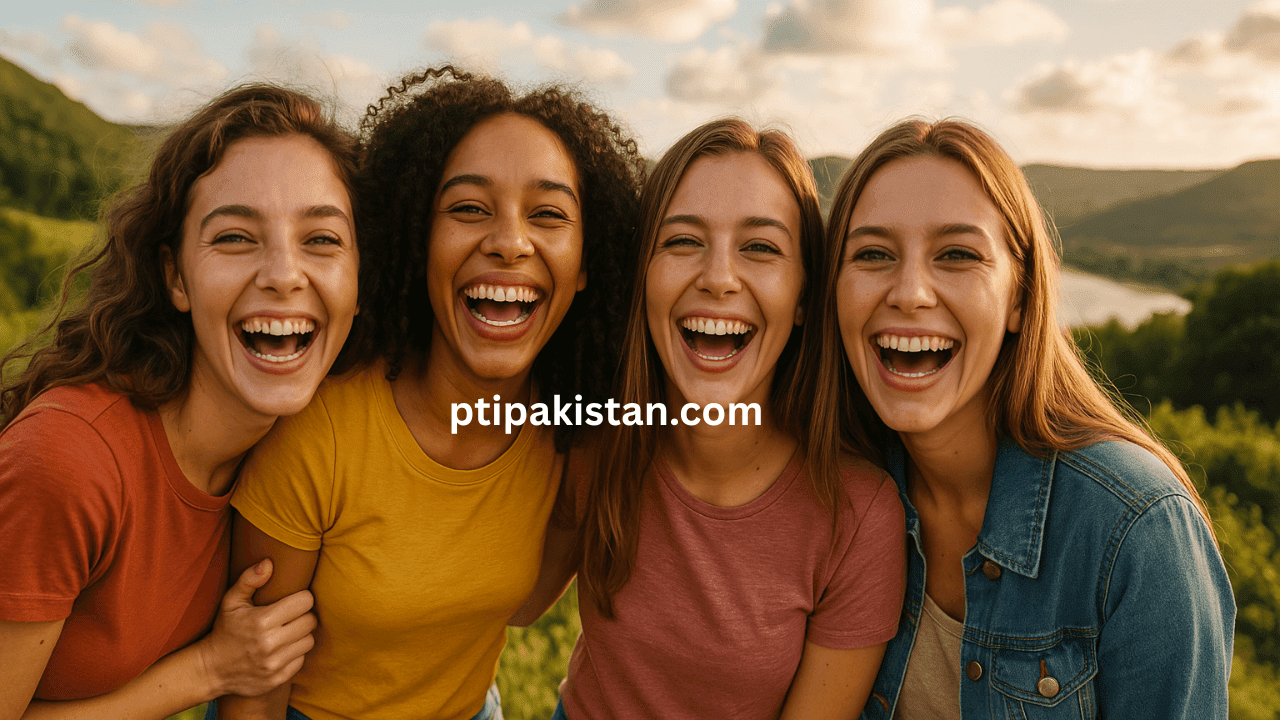Four joyful women smiling outdoors – representing global happiness and unity. top 10 happiest people