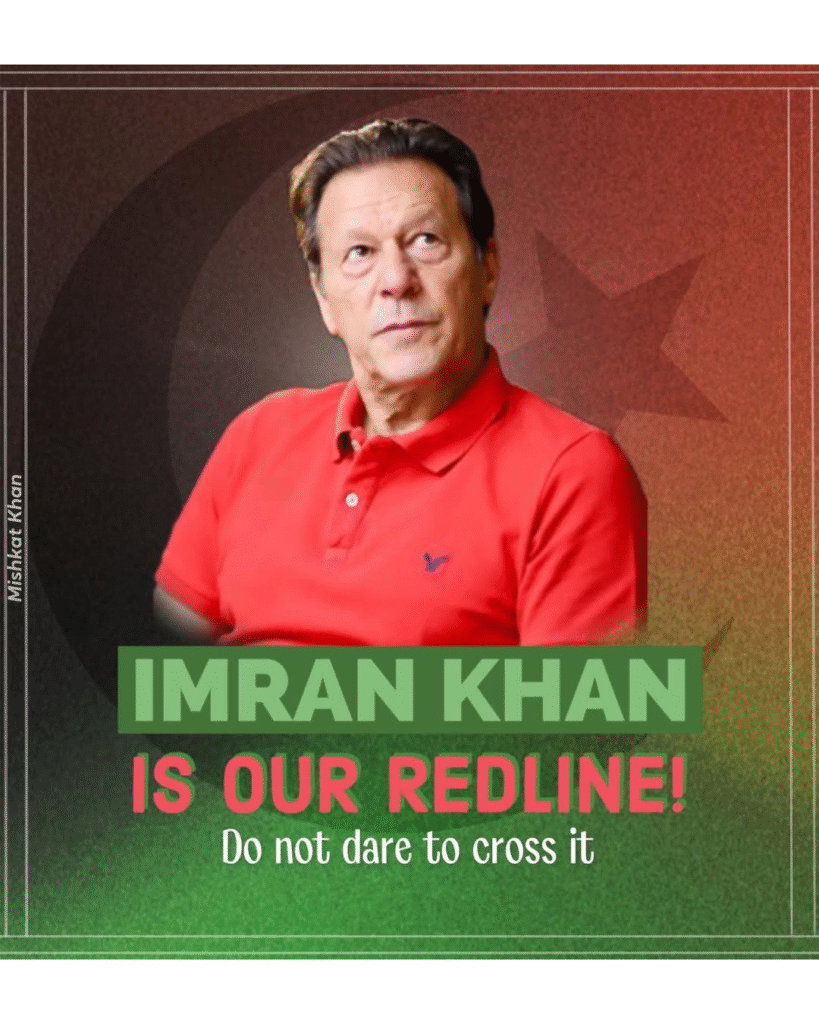 Imran Khan wearing red shirt with patriotic background, symbolizing youth inspiration and national leadership